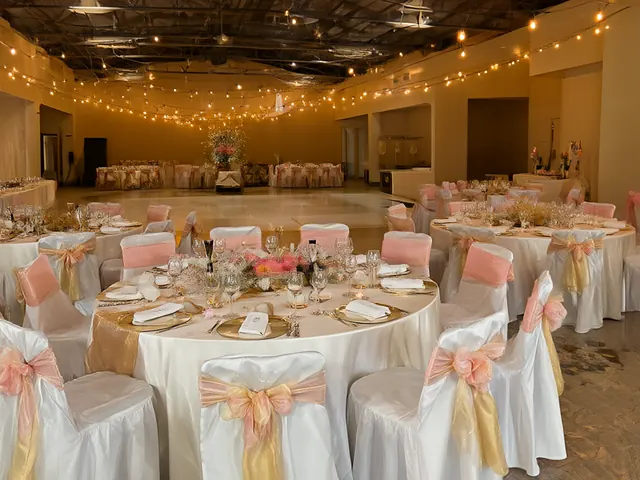 Photo of the hall set up for a quinceañera