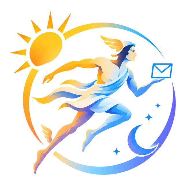 Logo de Ars Vigil: Hermes corre del sol a la luna con un mensaje